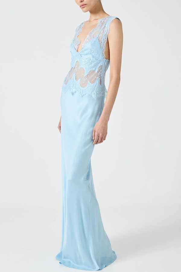 Effortless Elegance Satin Sheer Lace Patchwork V-neck Drape Maxi Dress-consonak
