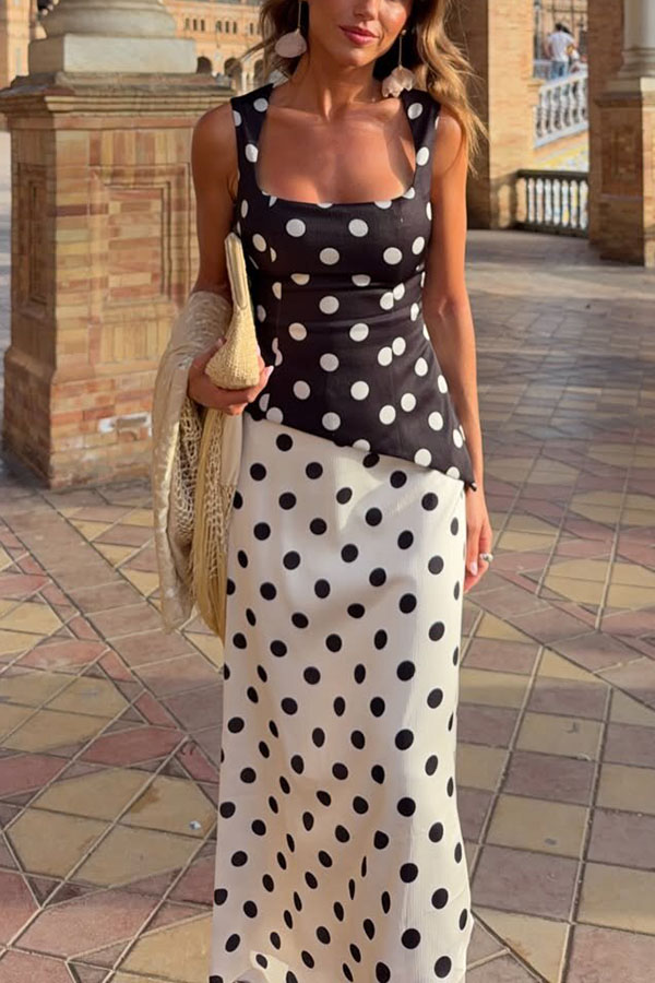 Andrea Contrast Polka Dot Print Square Neck Sleeveless Maxi Dress