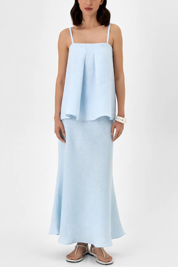 Linen Blend Loose Square Neck Camisole Top and Elegant Resort Maxi Skirt Set-consonak
