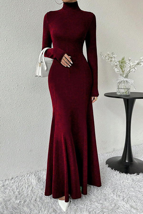 Solid Color High-neck Long-sleeved Slim-fit Fishtail Elegant Maxi Dress-consonak