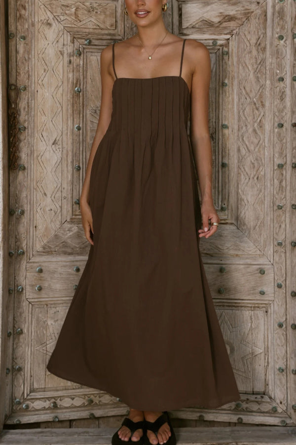 Solid Color Pleated Square Neck Suspender Casual Midi Dress