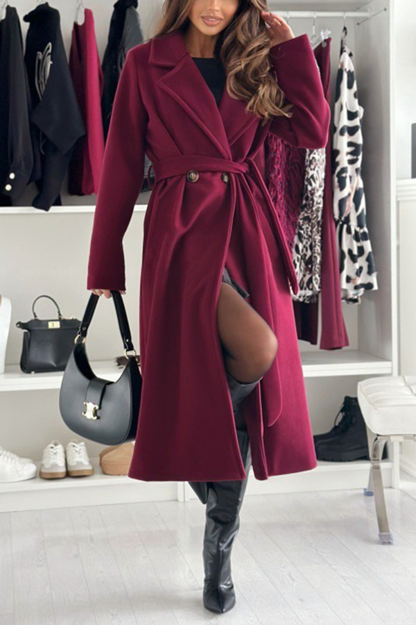 Solid Color Lapel Long Sleeve Waist Tie Long Coat-consonak