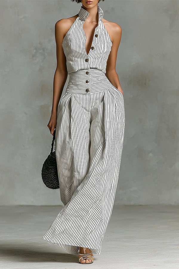 Striped Halter Neck Jumpsuit-Consonak