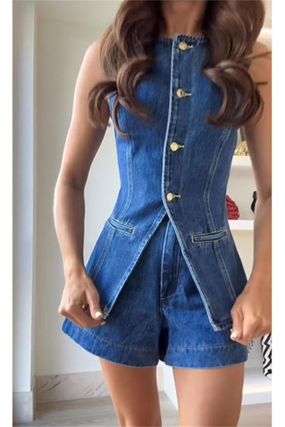 Abel Denim Button Up Princess Seams Pocket Vest Top-consonak