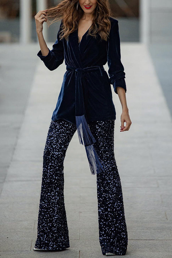 Diva Velvet Sequin High Rise Elastic Waist Flare Pants-consonak
