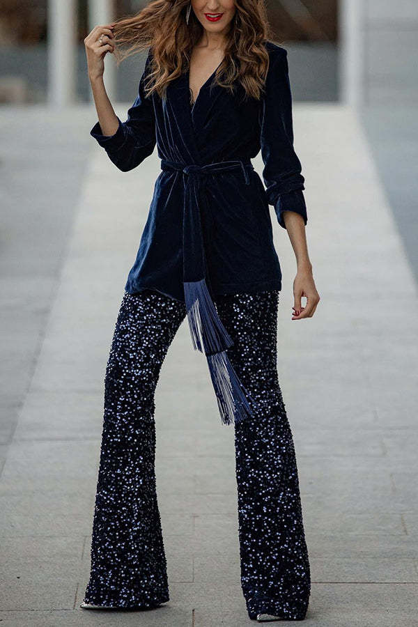 Diva Velvet Sequin High Rise Elastic Waist Flare Pants-consonak