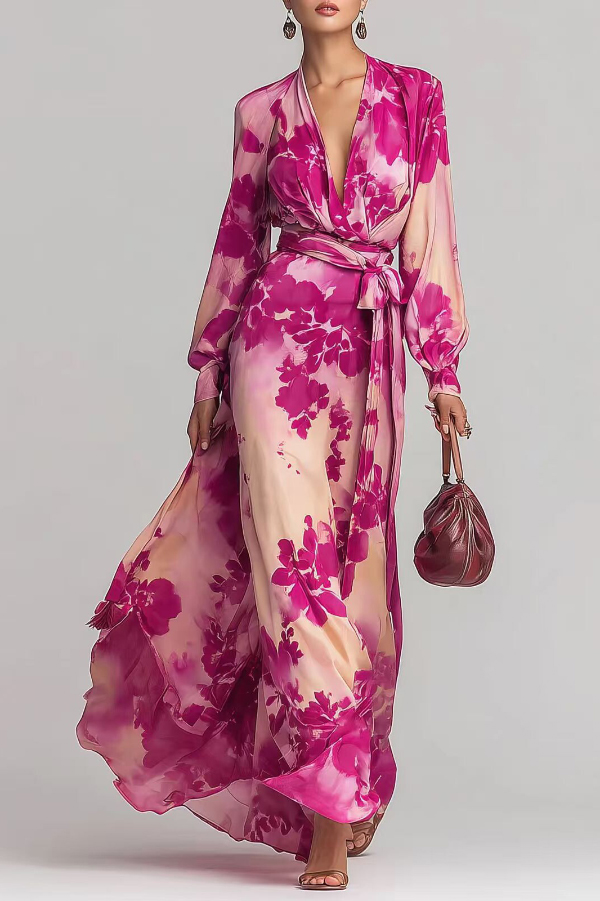 Floral Print Chiffon Long-Sleeved V-Neck Tie Waist Elegant Maxi Dress | Consonak
