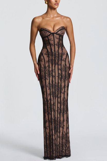 Sian Floral Lace Contrast Structural Detail Back Lace-up Strapless Slit Maxi Dress