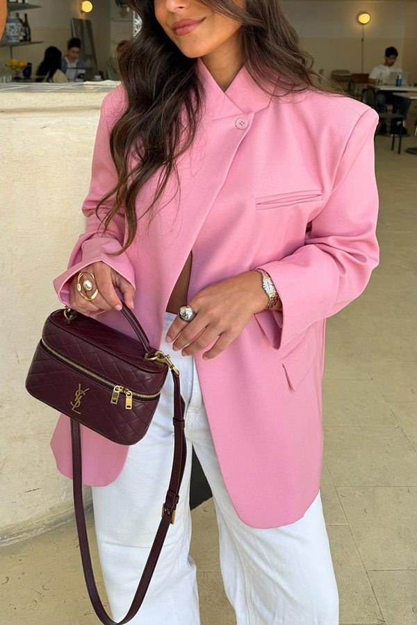 Timelessly Yours Stand Neck Single Button Long Sleeve Pocket Loose Blazer-consonak