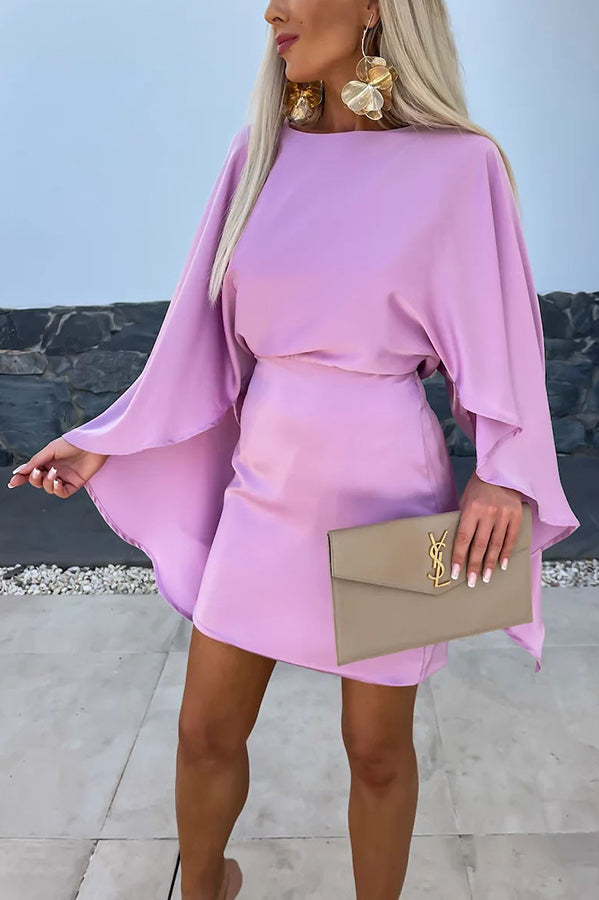 Beautiful Wings Satin Butterfly Sleeves Elastic Waist Formal Mini Dress-consonak