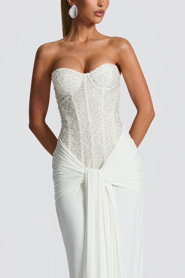 Carina Sequined and Satin Jersey Off Shoulder Ruched Knot Drape Maxi Dress | Consonak