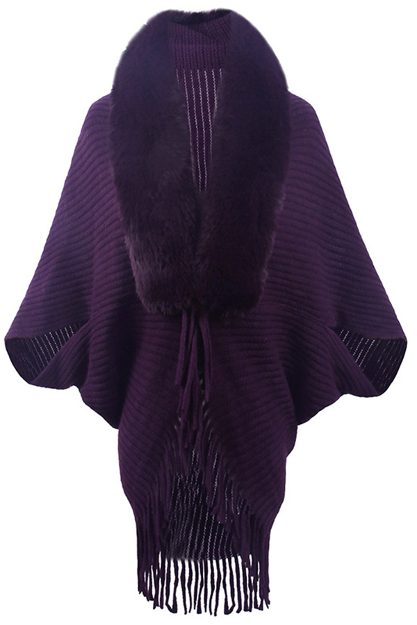 Fashionable Fur Collar Tassel Hem Knitted Shawl Cape-consonak