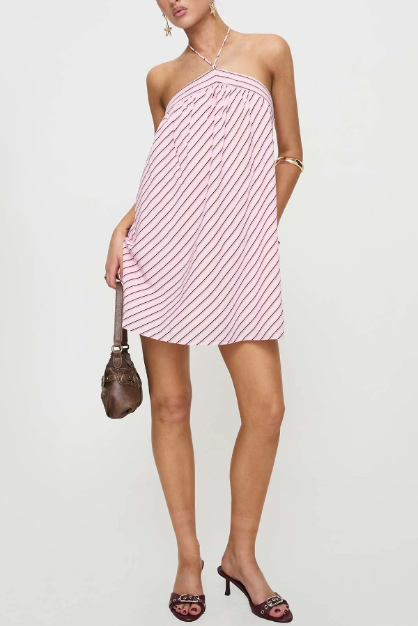 Striped Print Sleeveless Halter Neck Loose Vacation Mini Dress