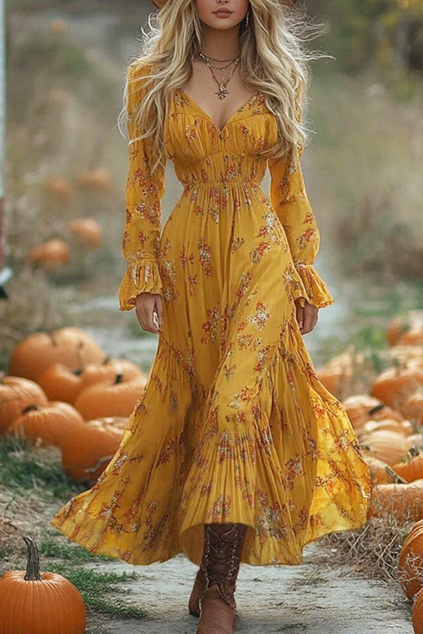 Floral Print V-neck Long-sleeved Pleated Holiday Midi Dress-consonak