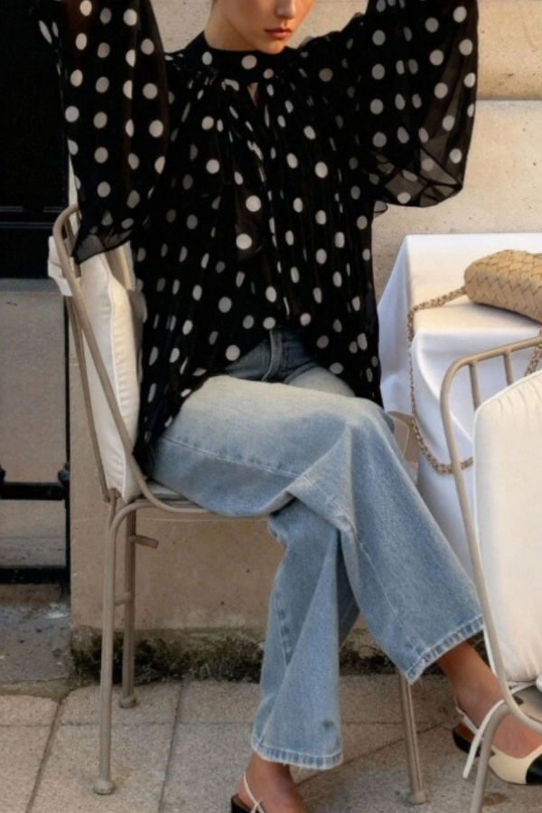 Polka Dot Print Tie-waist Lantern Sleeve Elegant Loose Shirt-consonak