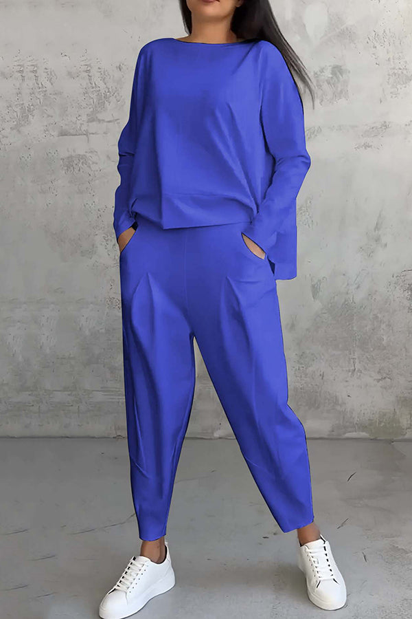 Solid Color Crew Neck Long-sleeved Irregular Loose Top and Elastic Waist Pocket Casual Pants Set-consonak