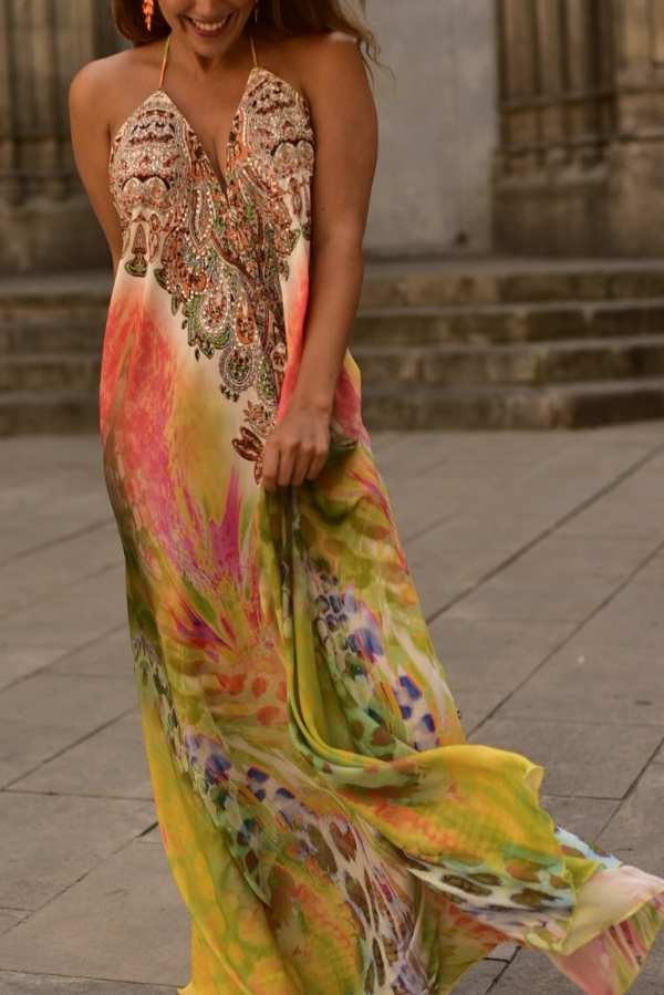 Bohemian Style Unique Print Sleeveless Backless Loose Maxi Dress
