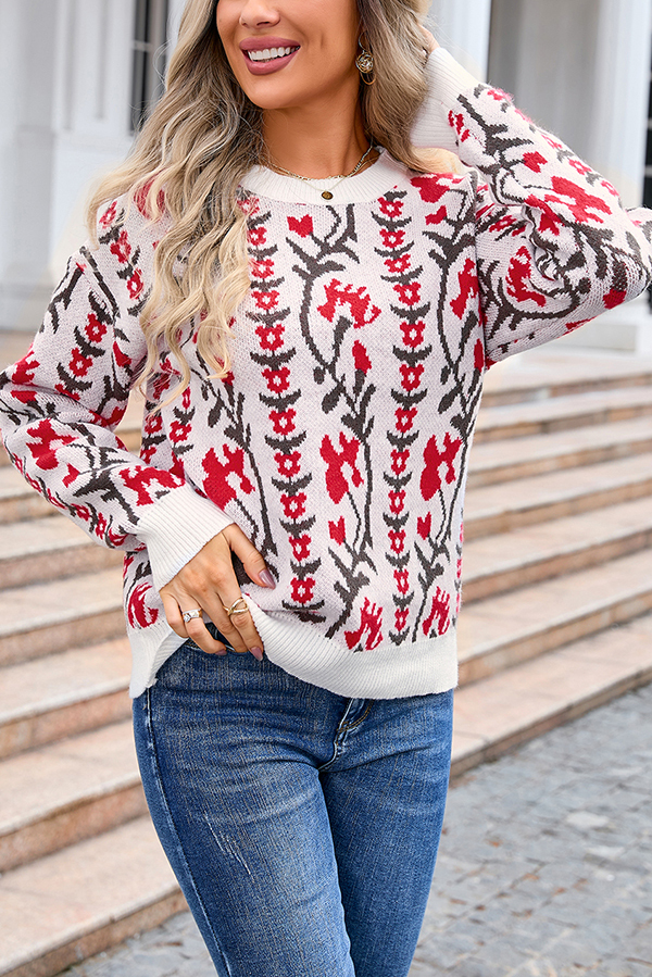 Fashionable Floral Knitted Crew Neck Casual Sweater-consonak