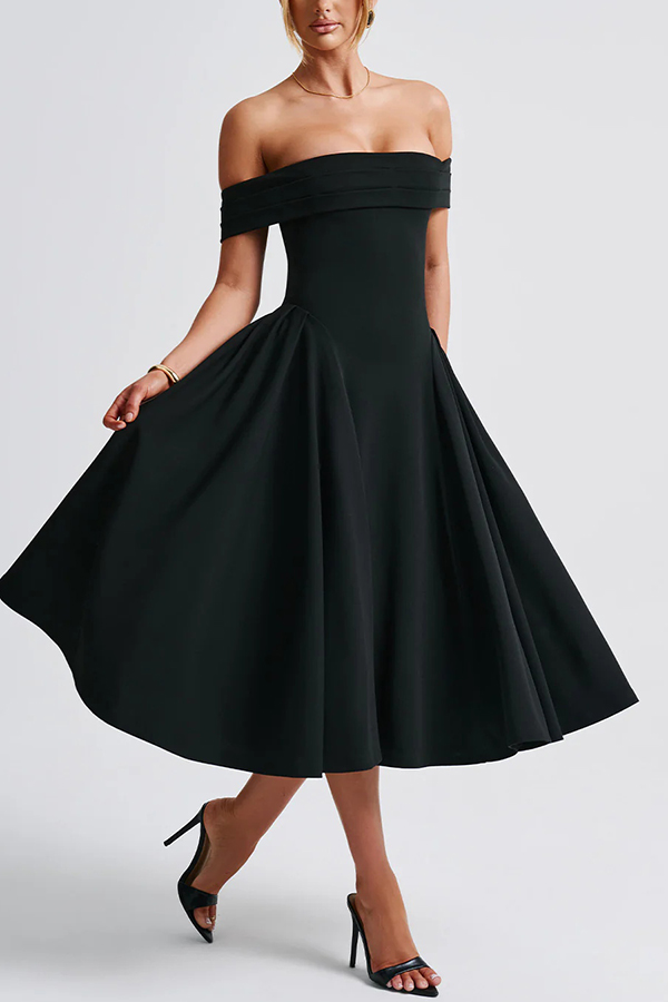 Princess Temperament Batdot Neck Pleat Detail Midi Dress-consonak