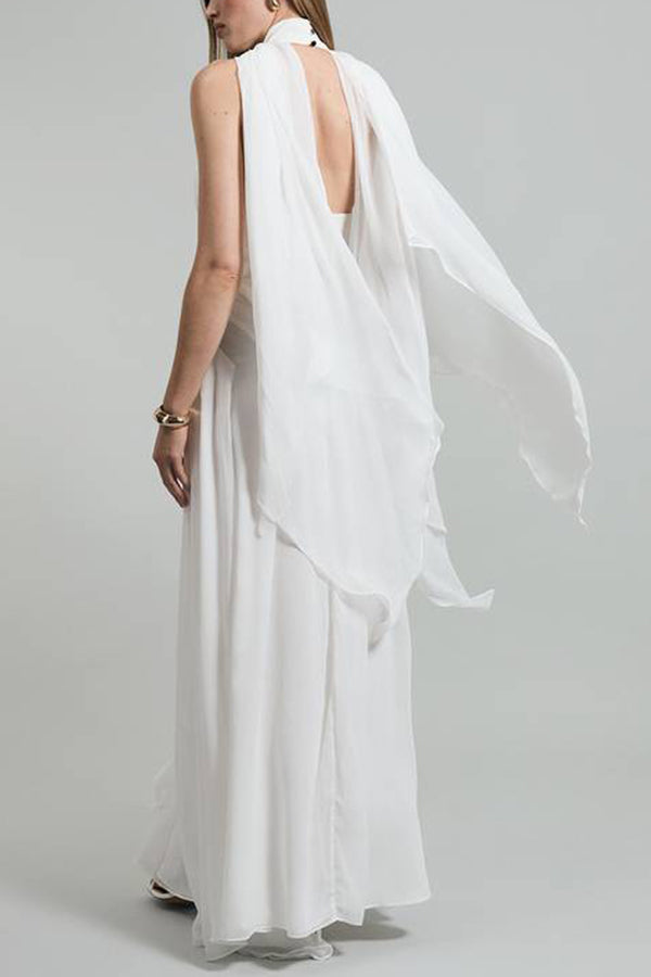 Spring Enchantment Chiffon Crinkle Cross Front Drape Scarf Maxi Dress-consonak