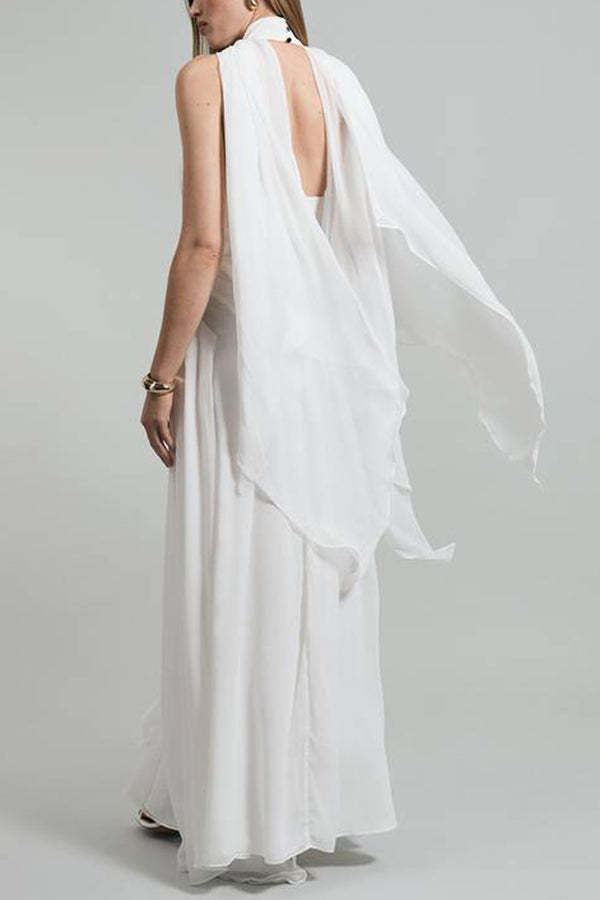 Spring Enchantment Chiffon Crinkle Cross Front Drape Scarf Maxi Dress