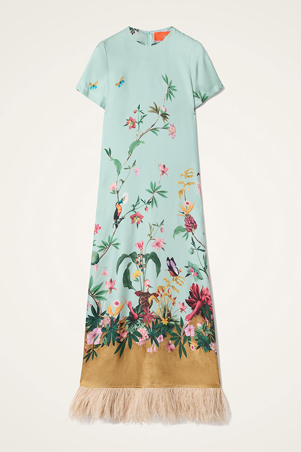 Mezcal Satin Floral Print Contrast Color Printed Short Sleeve Pocket Feather Trim Maxi Dress-Consonak