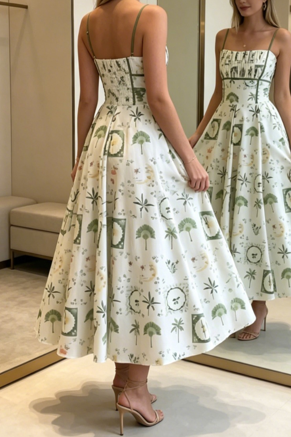 Unique Printed Thin-strapped Pleated Waist Casual Maxi Dress | Consonak