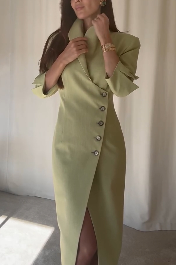 Elegant Look Linen Blend Stand Lapel Neck Half Sleeve Side Button Midi Dress-consonak