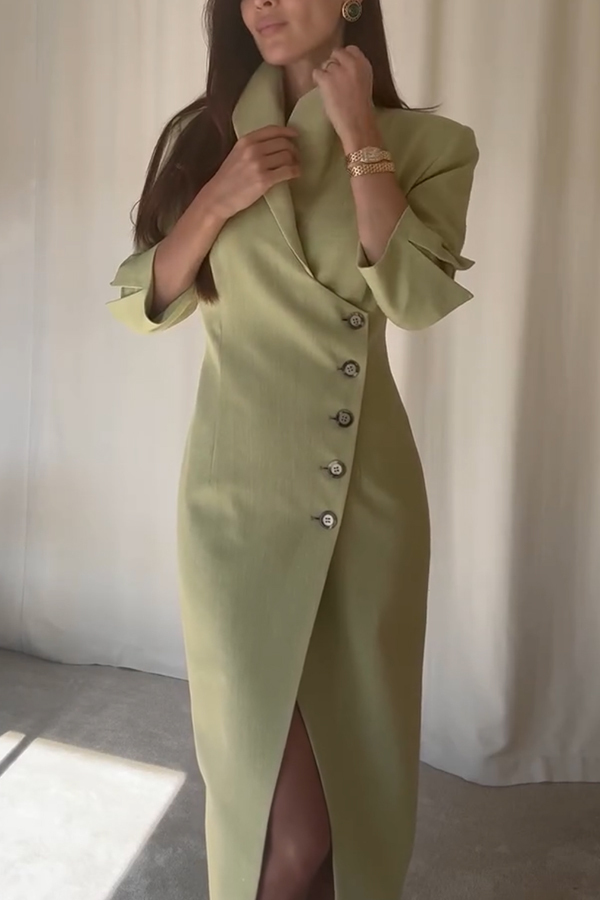 Elegant Look Linen Blend Stand Lapel Neck Half Sleeve Side Button Midi Dress-consonak