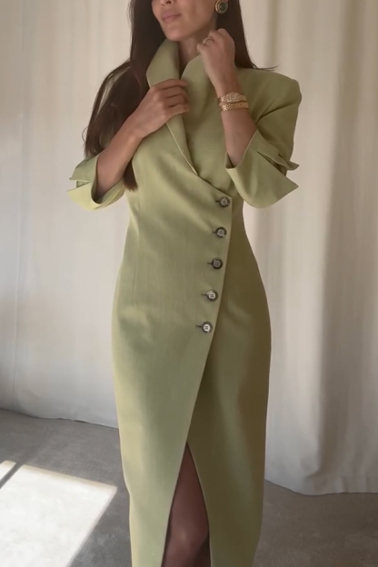 Elegant Look Linen Blend Stand Lapel Neck Half Sleeve Side Button Midi Dress-consonak