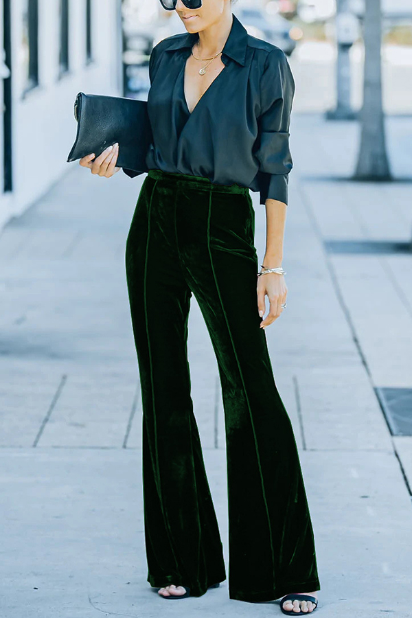 Claudia Velvet High Rise Elastic Waist Flare Stretch Pants-consonak