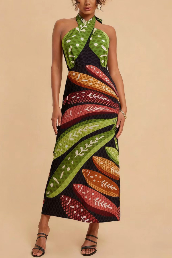 Multi-colored Fish Print Halter Neck Backless Printed Fitted Vacation Maxi Dress