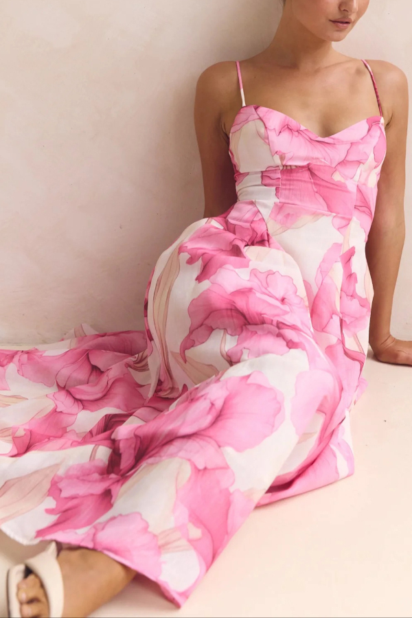 Floral Print Spaghetti Strap Backless Holiday Maxi Dress-consonak