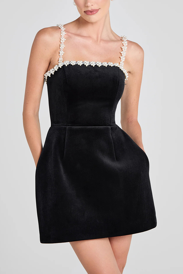 Sweet Poetry Velvet Pearl Trim Straps Pocketed Tulip Style Mini Dress | Consonak
