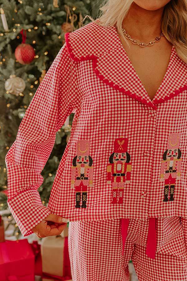 Nutcracker Charm Embroidered Gingham Loose Shirt and Elastic Waist Pajama Set-consonak