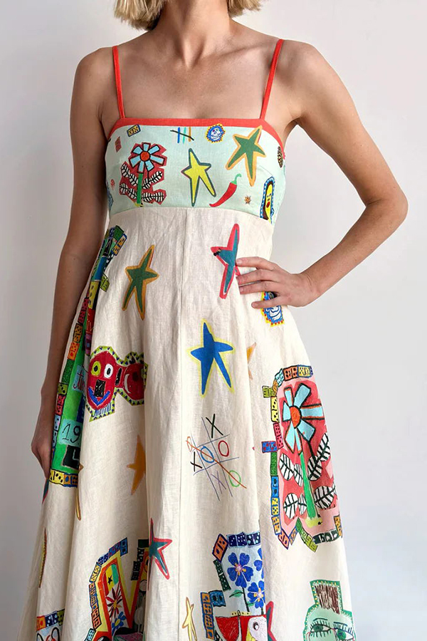 Miami Happy Hour Linen Blend Unique Print Smocked Back Pocketed Midi Dress-consonak
