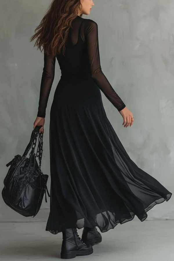 Fashionable Mesh-paneled Long-sleeved Slim-fit Maxi Dress