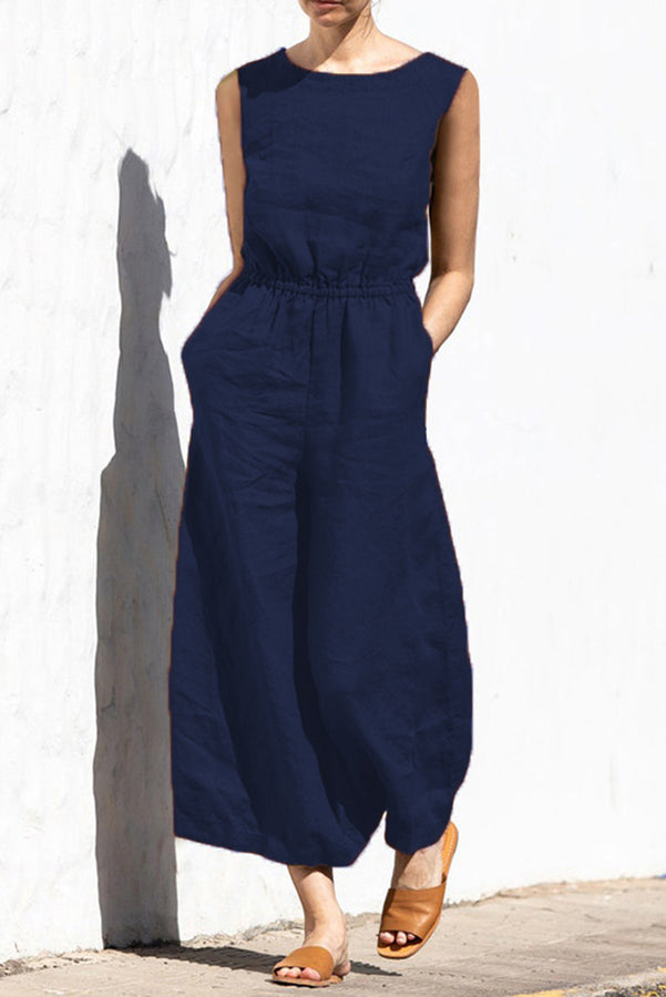 Fern Linen Blend Pocketed Button Back Elastic Waist Jumpsuit-consonak