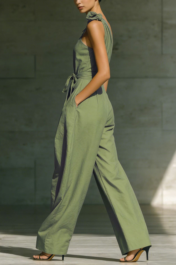 Solid Color Sleeveless One-shoulder Fitted Waist Casual Pocket Loose Wide-leg Jumpsuit