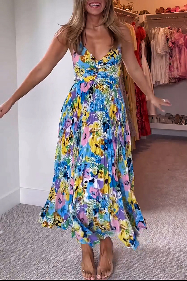Wedding Party Season Floral Print Pleated Back Tie-up Midi Dress-consonak