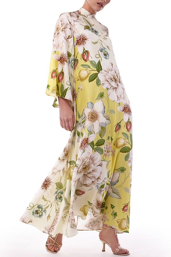 Serene Refinement Color-block Floral High Neck Long Sleeve Fluid Kaftan Maxi Dress