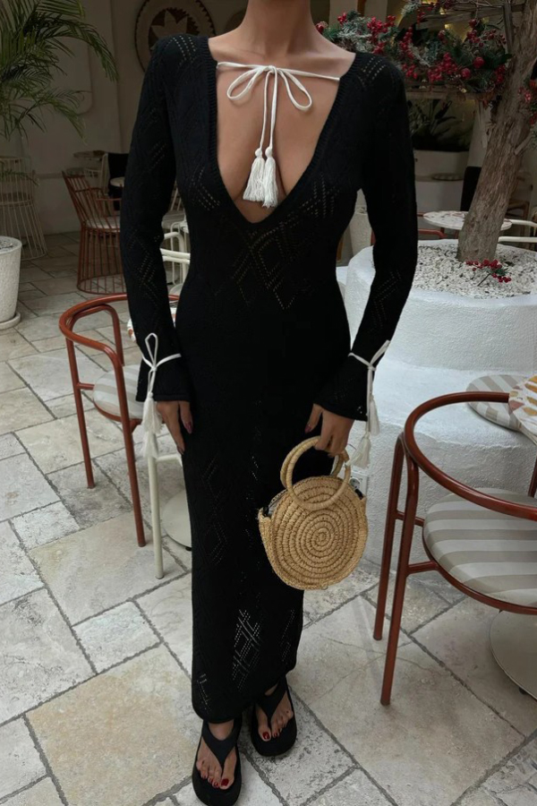 Solid Color Long-sleeved Tie Slim-fit Knit Openwork Cover-up Maxi Dress-consonak