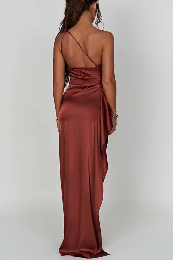 Fits Your Curves Satin One Shoulder Drape Slit Maxi Dress-consonak