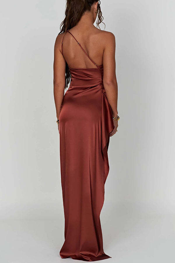 Fits Your Curves Satin One Shoulder Drape Slit Maxi Dress-consonak