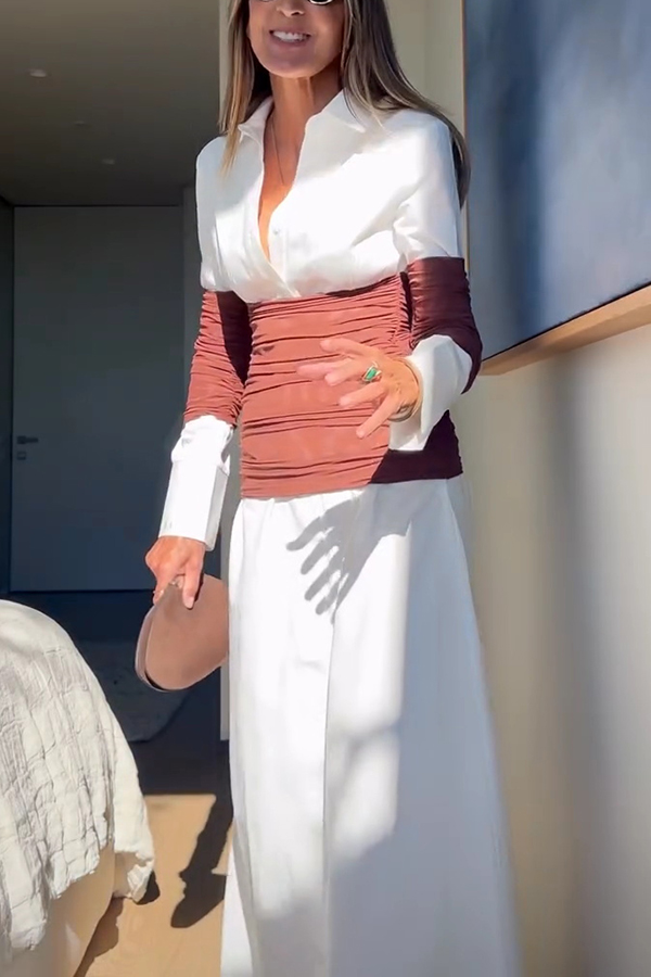 Fashionable Pleated Contrast Patchwork Waist Long Sleeve Button Shirt Maxi Dress-consonak