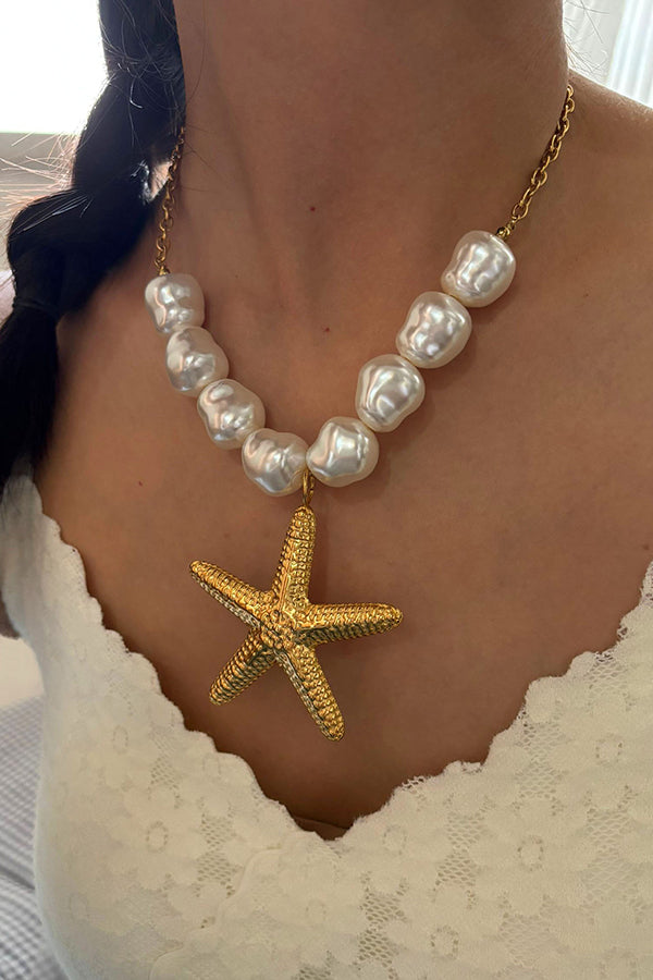 Bohemian Pearl Starfish Lotus Leaf Necklace-consonak