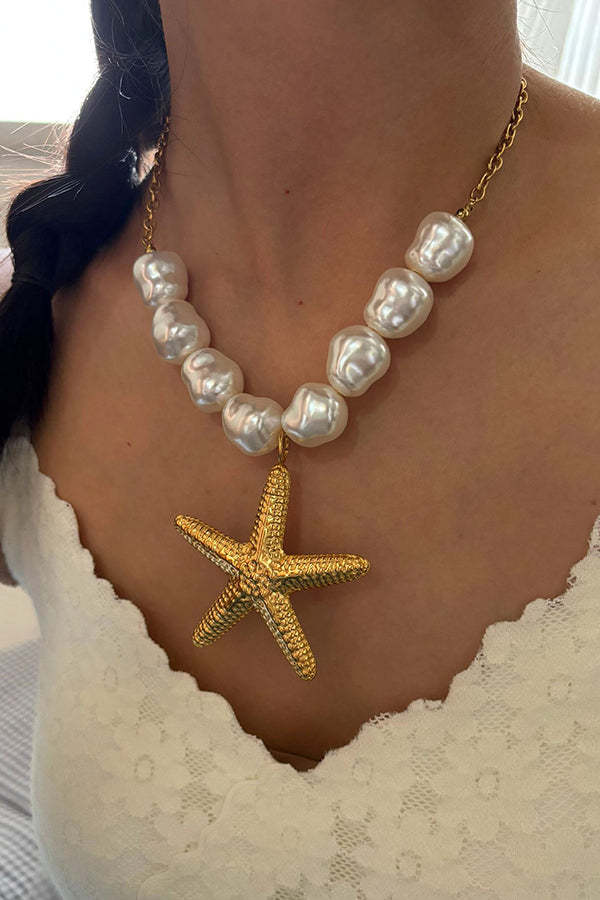Bohemian Pearl Starfish Lotus Leaf Necklace-consonak