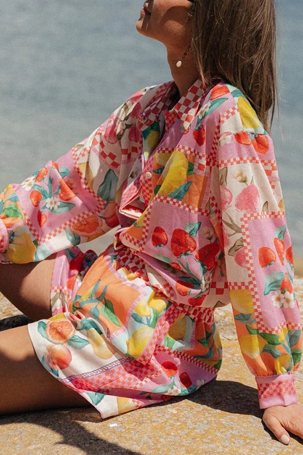 Leisurely Outings Summer Fruit Print Loose Long Sleeve Shirt and Elastic Waist Pocket Shorts Set-consonak