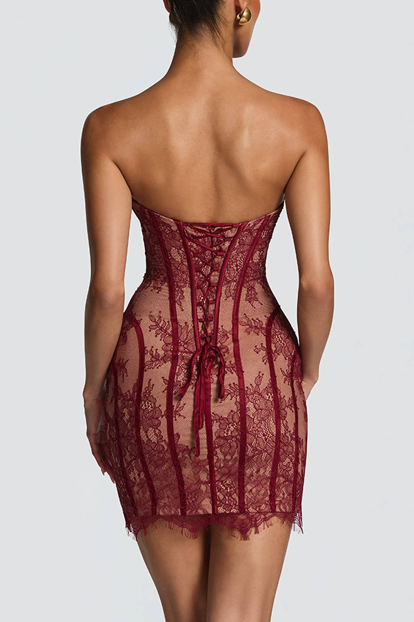 Jaya Floral Lace Contrast Structural Detail Back Lace-up Strapless Slit Maxi Dress | Consonak