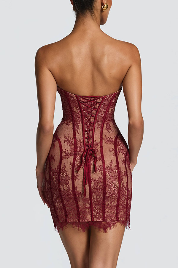 Jaya Floral Lace Contrast Structural Detail Back Lace-up Strapless Slit Maxi Dress